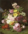 Jan Frans van Dael Rosen Pfingstrosen und andere Blumen auf einer Leiste Blumeing
